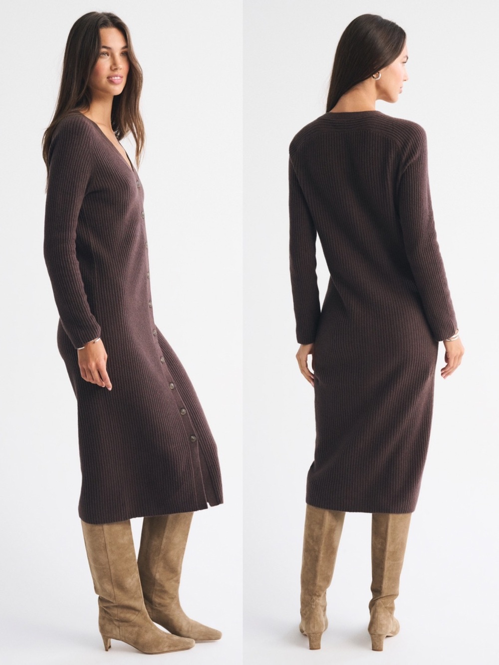 A&F • Duster Maxi Sweater Dress brown ribbed knit midi button front v-neck - Picture 10 of 10